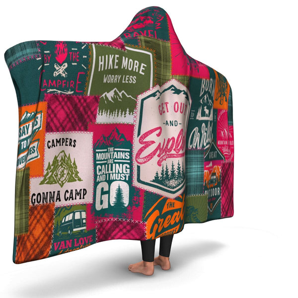 Camping Patchwork #2 Hooded Blanket AOP - Christmas/Halloween Gift for Camping Lovers