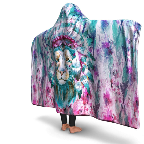 Hippie Lion Native American Hooded Blanket AOP - Christmas/Halloween Gift for Hippies
