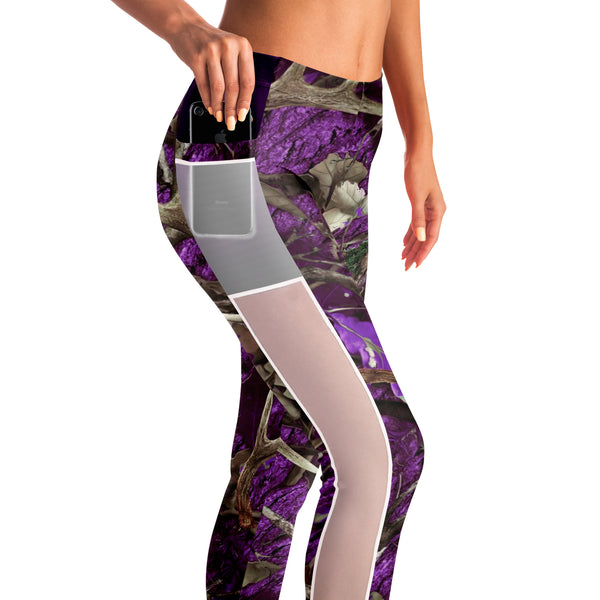 Purple Hunting Camouflage White Mesh Pocket Legging AOP - Christmas/Halloween Gift
