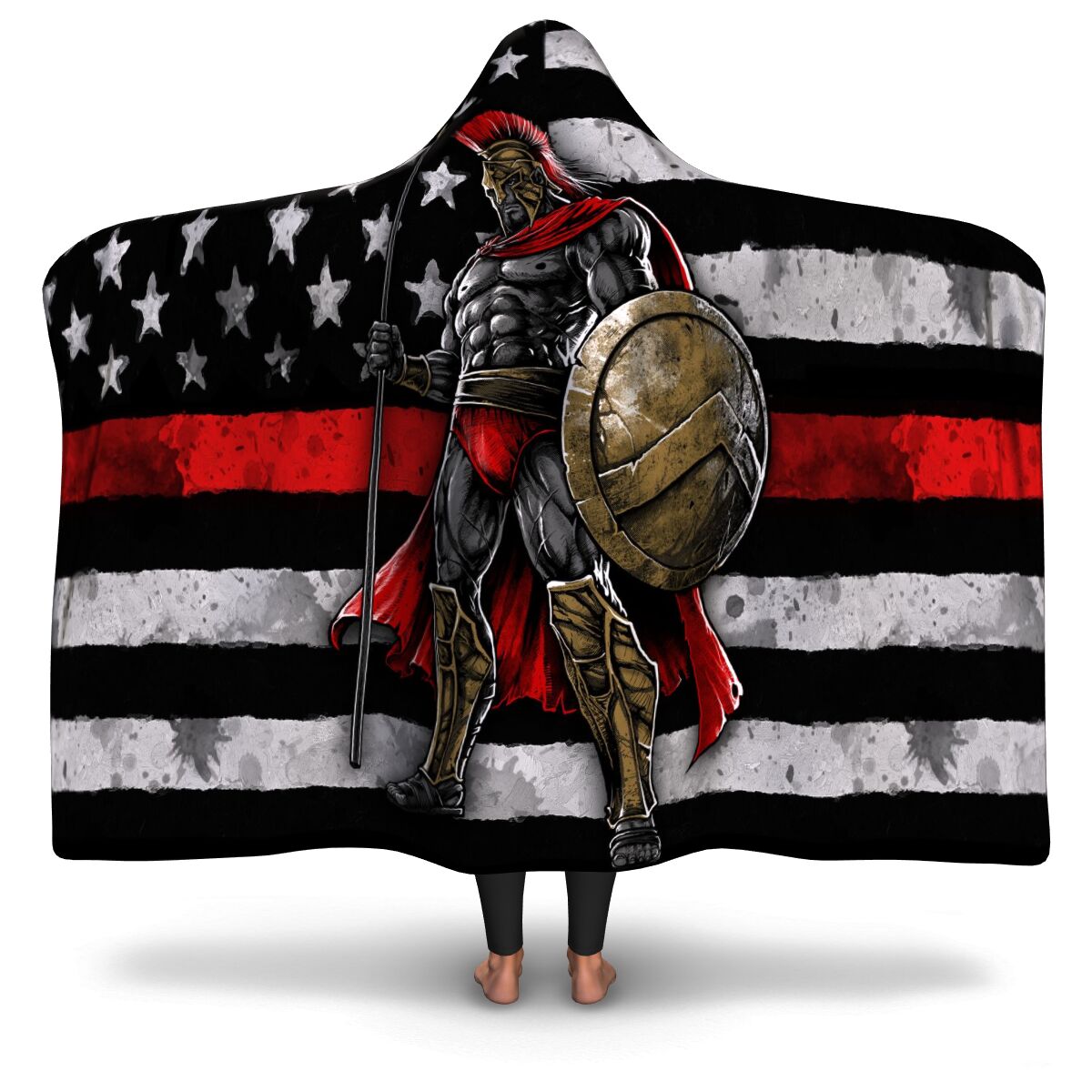 Red Line Warrior Hooded Blanket AOP - Christmas/Halloween Gift for Firefighters