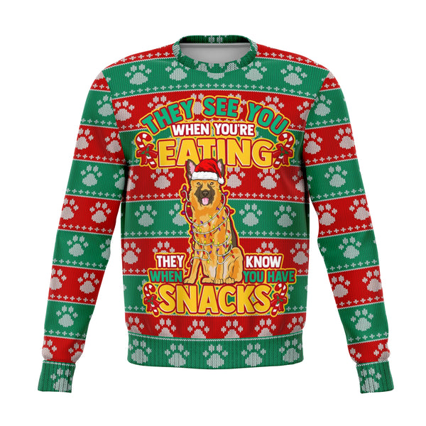 German Shephard Dogs Ugly Xmas Sweatshirt AOP See You Eating Snacks- Christmas/Halloween Gift