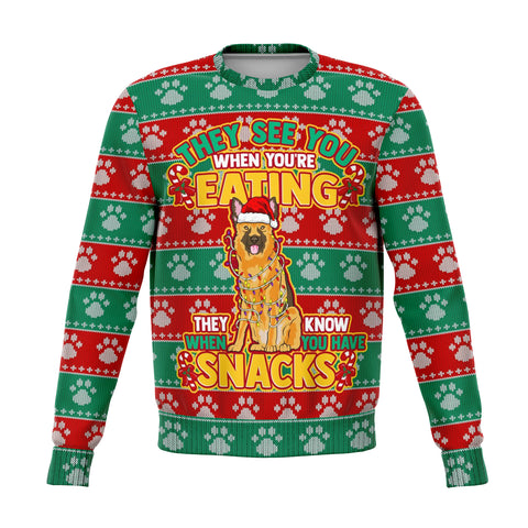 German Shephard Dogs Ugly Xmas Sweatshirt AOP See You Eating Snacks- Christmas/Halloween Gift