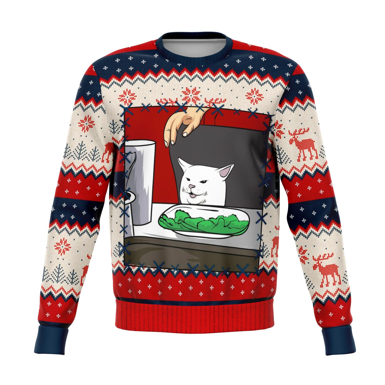 Angry Women Yelling At Confused Cat At Dinner Table Meme Christmas Sweater