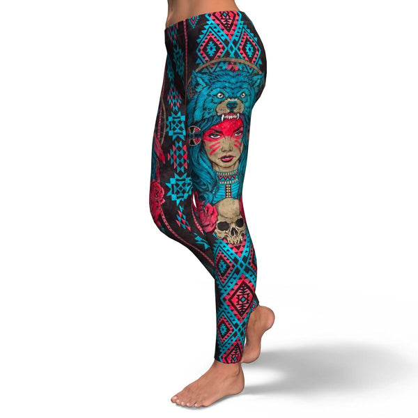 Native Girl Leggings AOP Native American Skull Flowers - Christmas/Halloween Gift