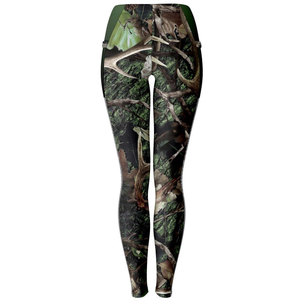 Green Hunting Camouflage White Mesh Pocket Legging AOP - Christmas/Halloween Gift