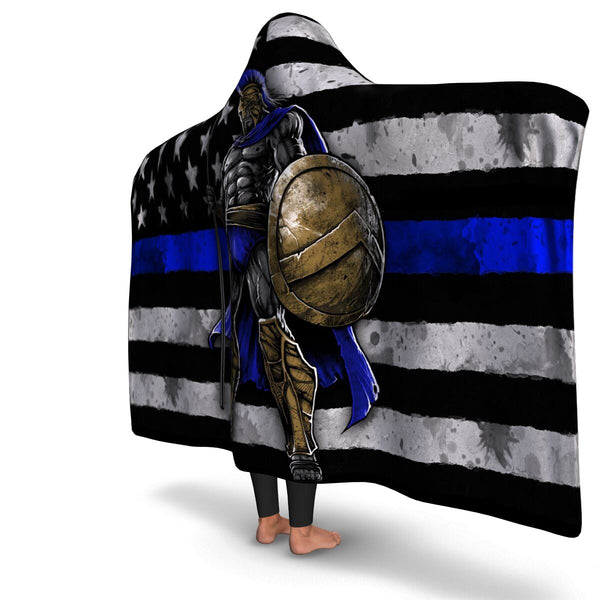 Blue Line Warrior Hooded Blanket AOP- Christmas/Halloween Gift for Officers/Police