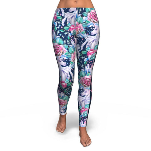 Unicorn Roses AOP Leggings Unicorn Flowers Floral Design - Christmas/Halloween