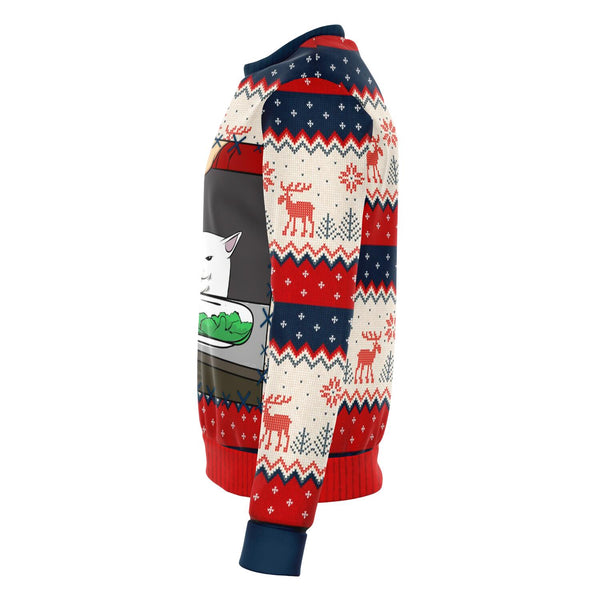 Angry Women Yelling At Confused Cat At Dinner Table Meme Christmas Sweater