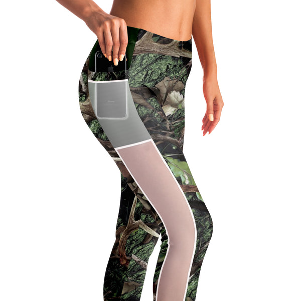 Green Hunting Camouflage White Mesh Pocket Legging AOP - Christmas/Halloween Gift