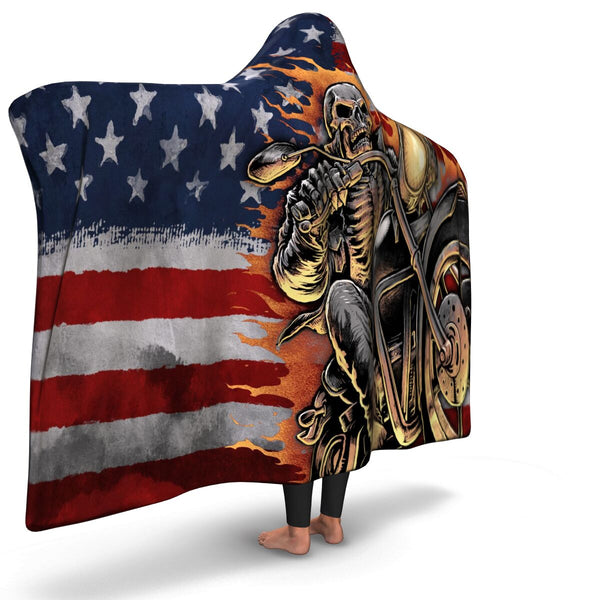 'Merica Skull Biker Hooded Blanket AOP - Christmas/Halloween Gift for USA Motorcycle Lovers