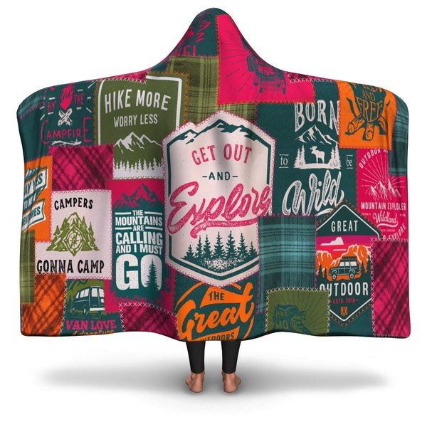Camping Patchwork #2 Hooded Blanket AOP - Christmas/Halloween Gift for Camping Lovers