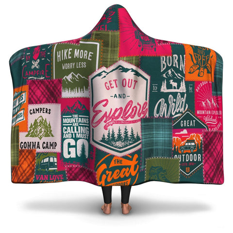 Camping Patchwork #2 Hooded Blanket AOP - Christmas/Halloween Gift for Camping Lovers
