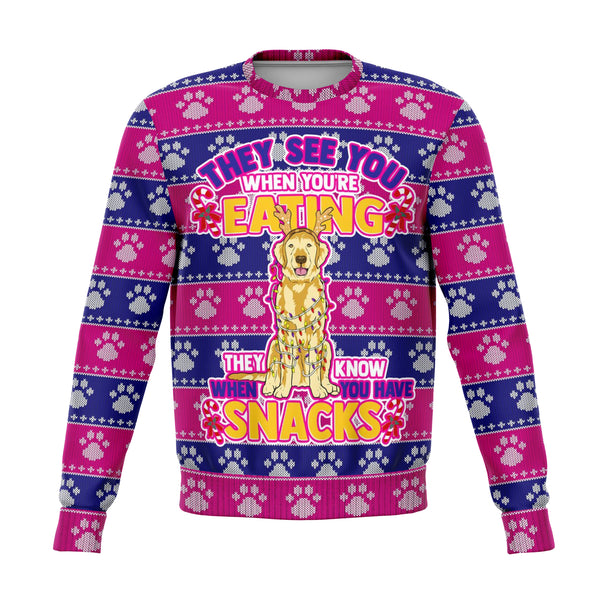Golden Retriever Dogs Ugly Xmas Sweatshirt AOP See You Eating Snacks - Christmas/Halloween Gift