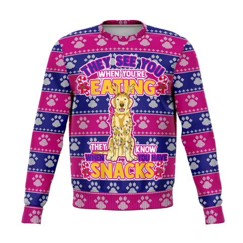 Golden Retriever Dogs Ugly Xmas Sweatshirt AOP See You Eating Snacks - Christmas/Halloween Gift