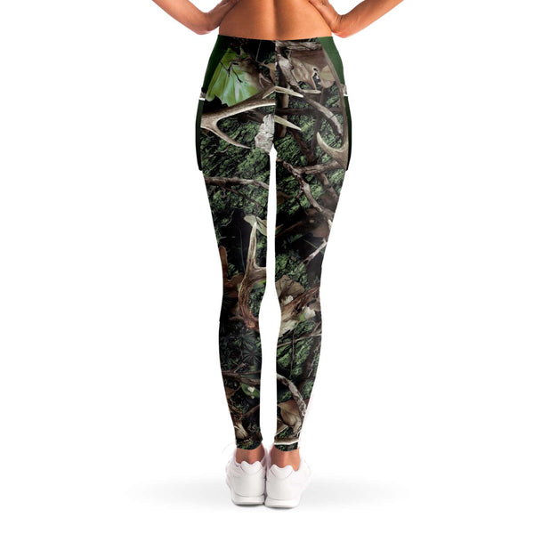 Green Hunting Camouflage White Mesh Pocket Legging AOP - Christmas/Halloween Gift
