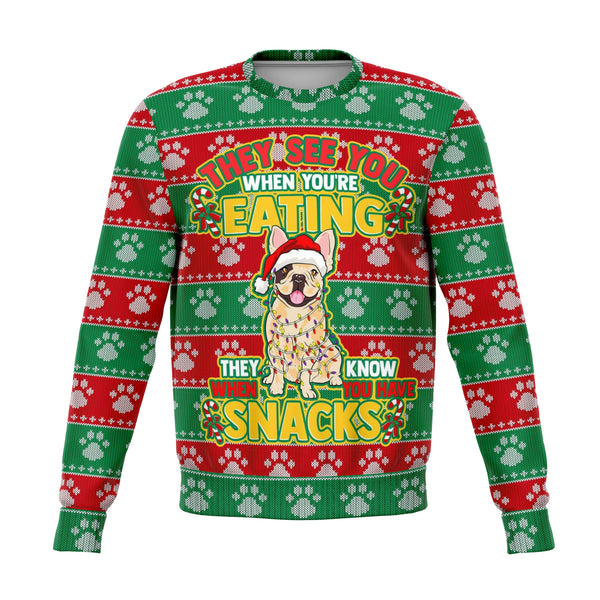 French Bulldog Dogs Ugly Xmas Sweatshirt AOP See You Eating Snacks - Christmas/Halloween Gift