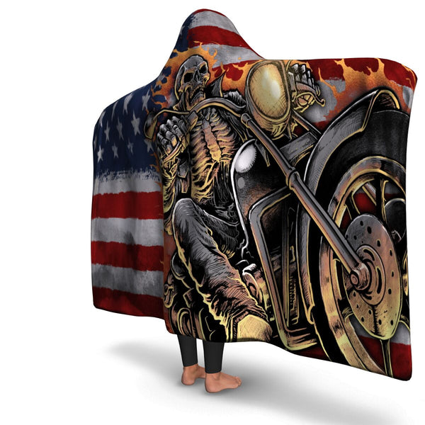 'Merica Skull Biker Hooded Blanket AOP - Christmas/Halloween Gift for USA Motorcycle Lovers