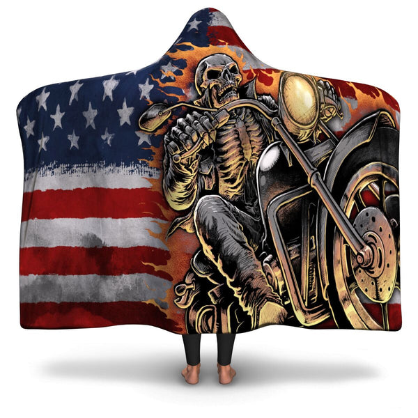 'Merica Skull Biker Hooded Blanket AOP - Christmas/Halloween Gift for USA Motorcycle Lovers
