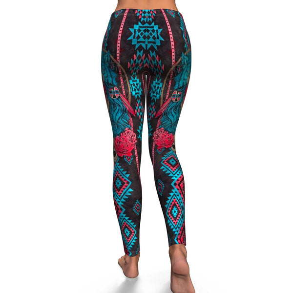 Native Girl Leggings AOP Native American Skull Flowers - Christmas/Halloween Gift