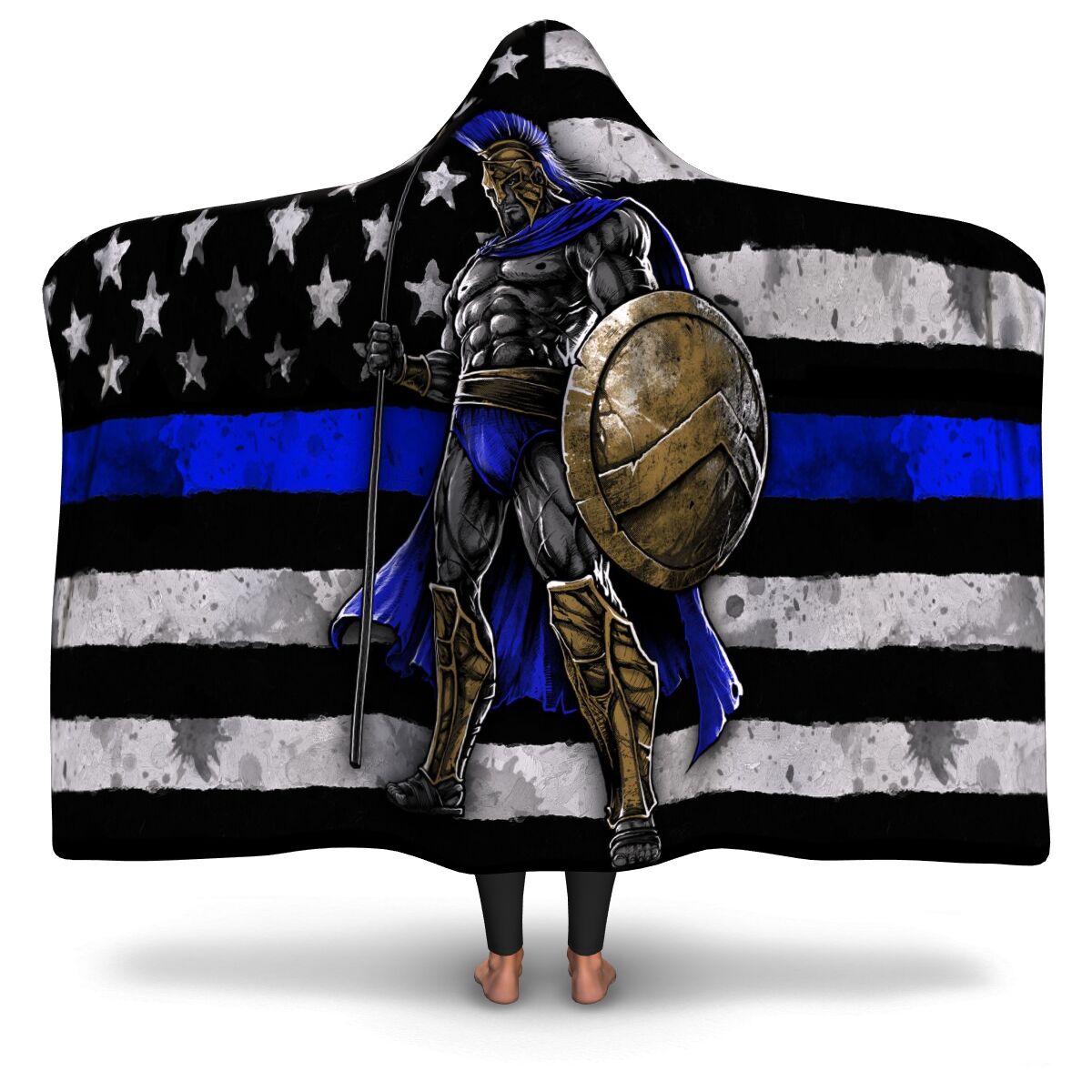 Blue Line Warrior Hooded Blanket AOP- Christmas/Halloween Gift for Officers/Police