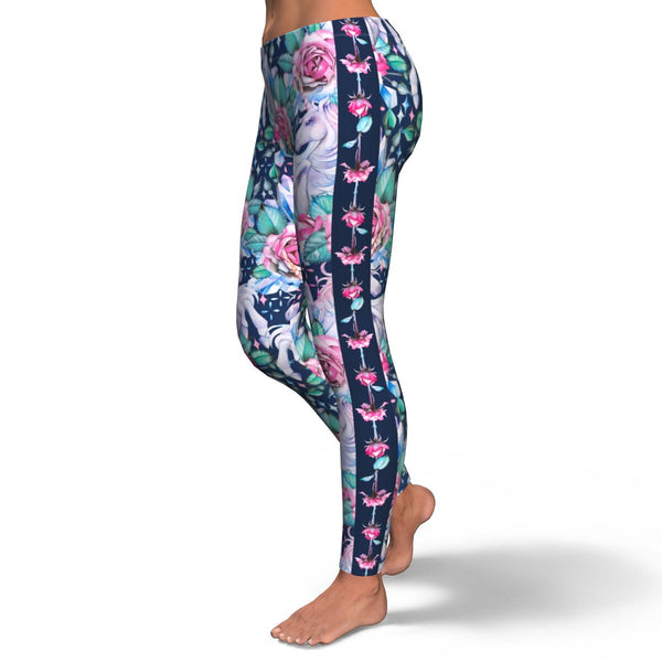 Unicorn Roses AOP Leggings Unicorn Flowers Floral Design - Christmas/Halloween