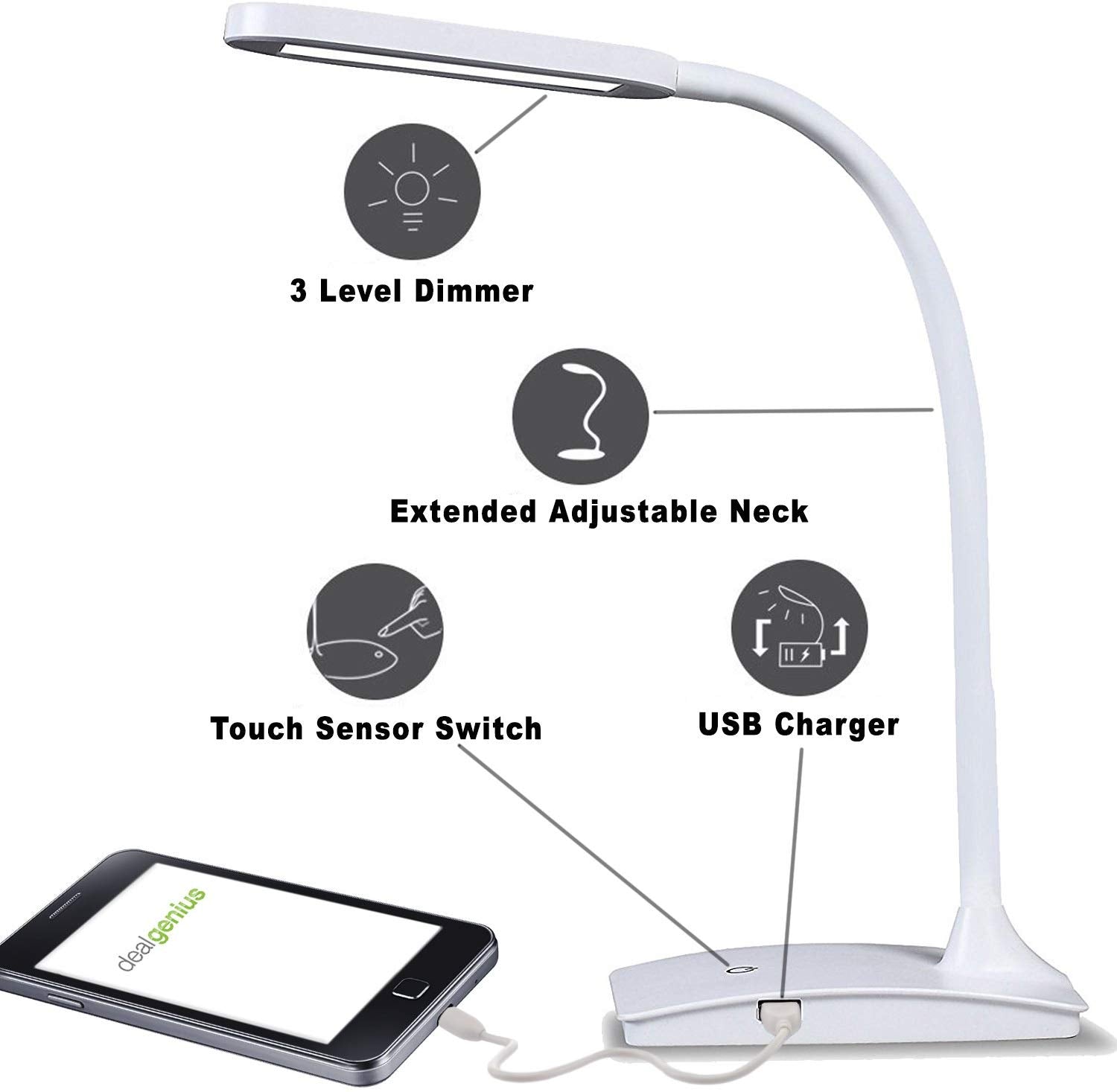 TW Lighting IVY-40WT IVY LED Desk Lamp with USB Port, 3-Way Touch Switch, White