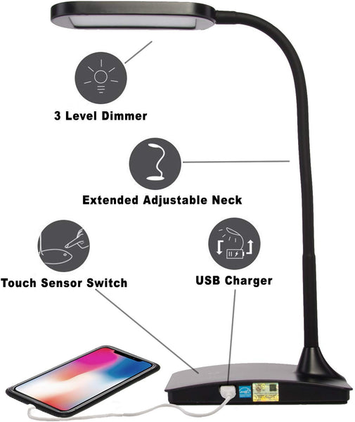 TW Lighting IVY-40WT IVY LED Desk Lamp with USB Port, 3-Way Touch Switch, White