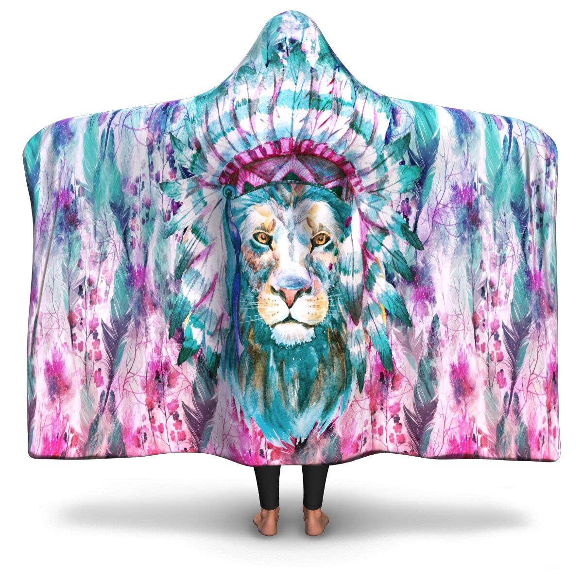 Hippie Lion Native American Hooded Blanket AOP - Christmas/Halloween Gift for Hippies