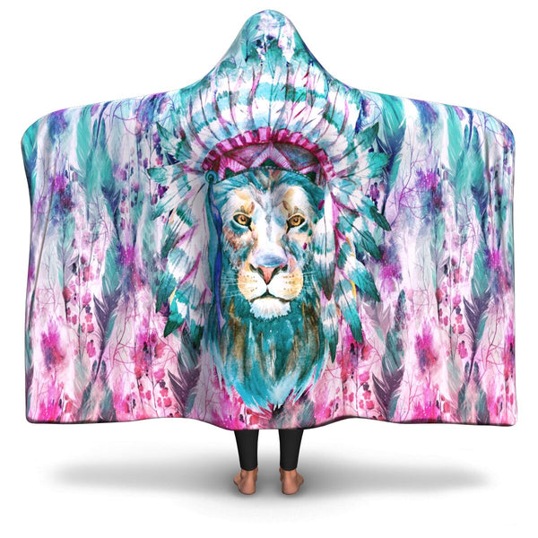 Hippie Lion Native American Hooded Blanket AOP - Christmas/Halloween Gift for Hippies