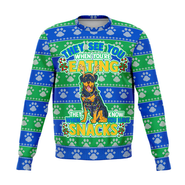 Dogs Rottweiler Ugly Xmas Sweatshirt AOP They See You Eating Snacks - Christmas/Halloween Gift