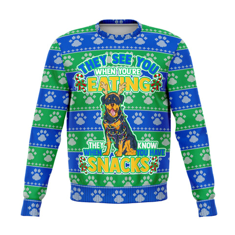 Dogs Rottweiler Ugly Xmas Sweatshirt AOP They See You Eating Snacks - Christmas/Halloween Gift