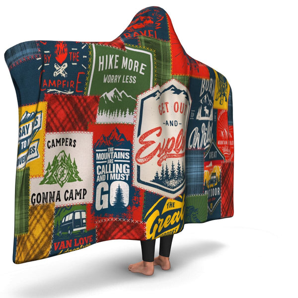 Camping Patchwork #1 Hooded Blanket AOP - Christmas/Halloween Gift for Camping Lovers