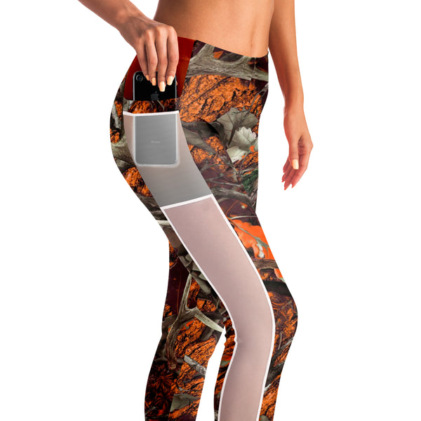 Orange Hunting Camouflage White Mesh Pocket Legging AOP - Christmas/Halloween Gift