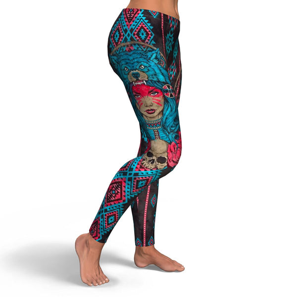 Native Girl Leggings AOP Native American Skull Flowers - Christmas/Halloween Gift